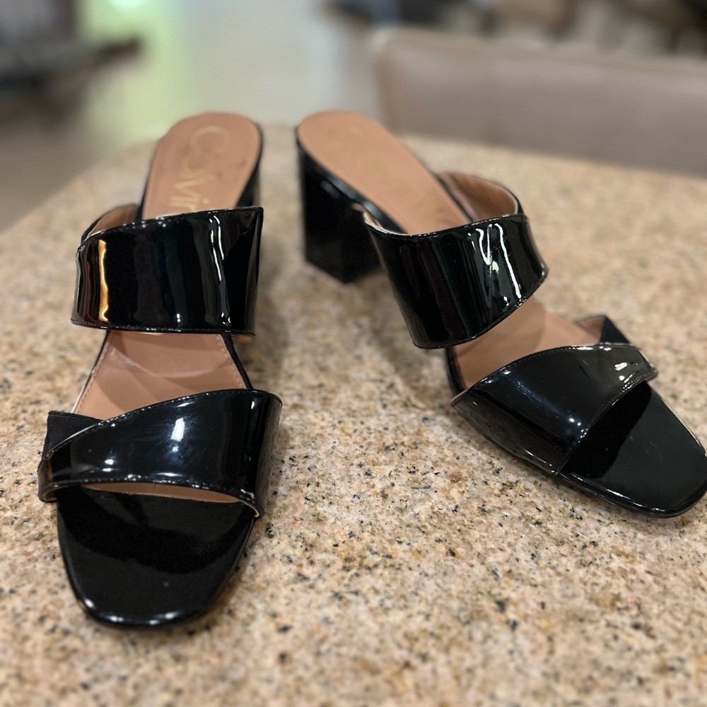 Calvin Klein Black Patent Leather Block Heel Mules